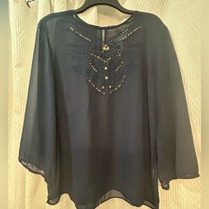 Vintage America Navy Embroidered Blouse